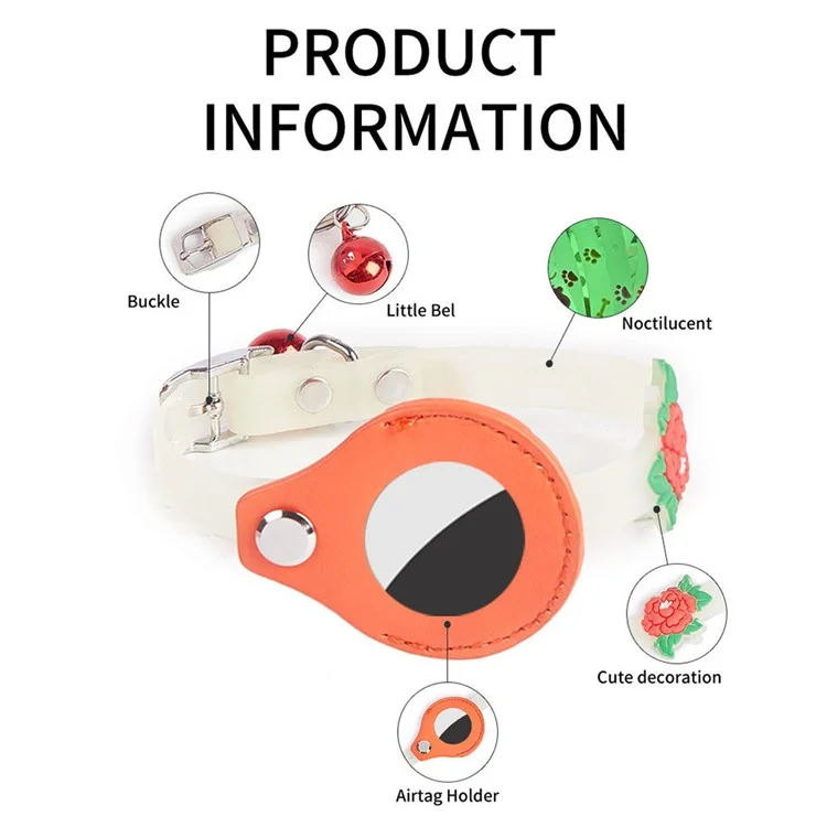Cat Silicone Collar with Leather Case for AirTag Tracker, Pet Neck Strap with Bell - Heart