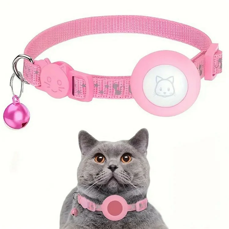 Colar de Estimação de Nylon Reflexivo Com Estojo de Silicone Para Filme de Proteção de Rastreador Bluetooth Airtag - Rosa