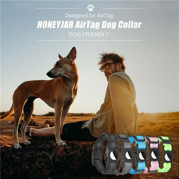 Collar de Perro de Nylon Reflectante Para el Rastreador de Airtag Bluetooth Case de Silicona Con Película Protectora, Tamaño: L - Negro
