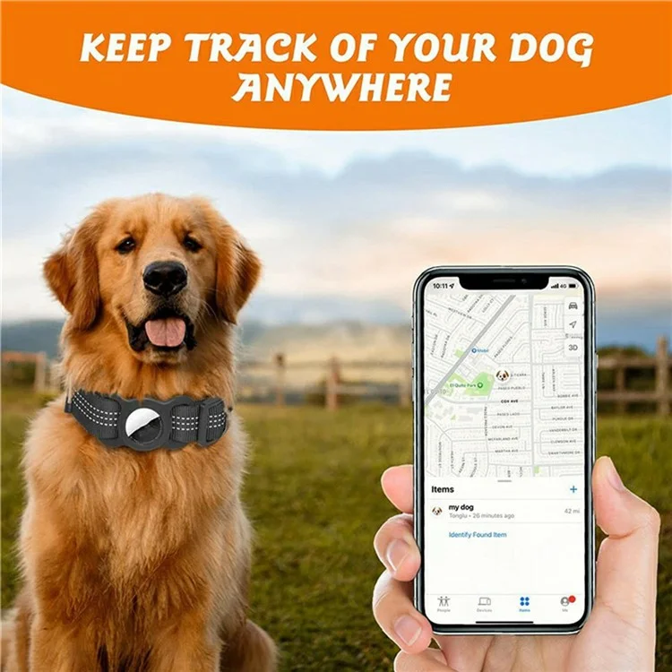 Collar de Perro de Nylon Reflectante Para el Rastreador de Airtag Bluetooth Case de Silicona Con Película Protectora, Tamaño: L - Negro