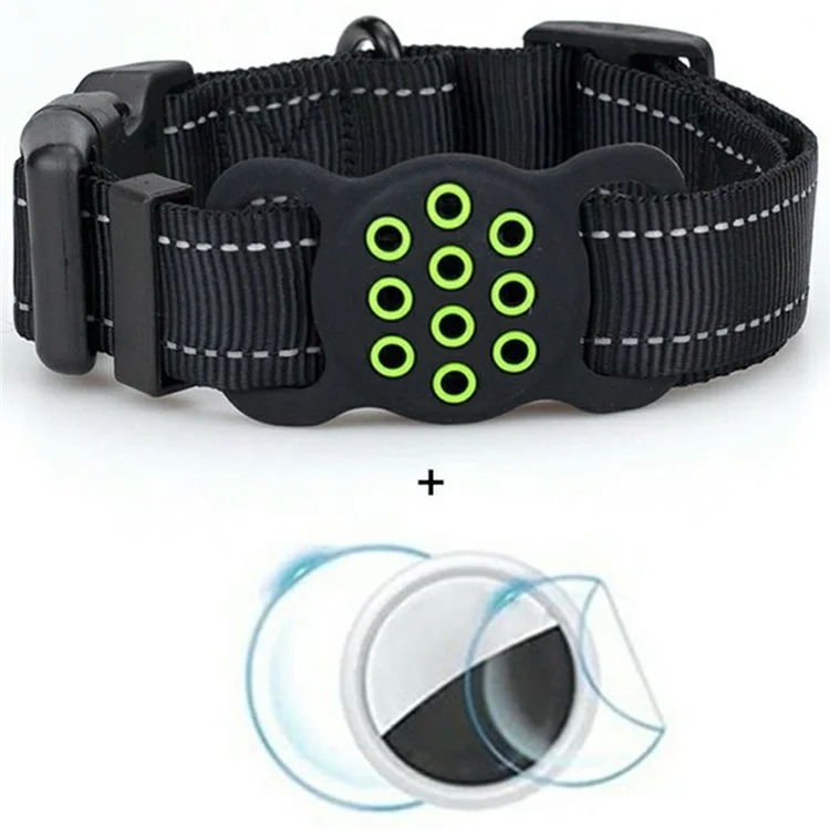Reflective Nylon Dog Collar for AirTag Tracker Colorful Silicone Case with Protective Film, Size: L - Black