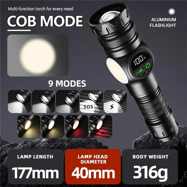 PM10TG Torcia Zoom di Zoom IPX4 Emergency Outdoor Emergency Con Luce Laterale Della Pannocchia, Con Batteria 21700