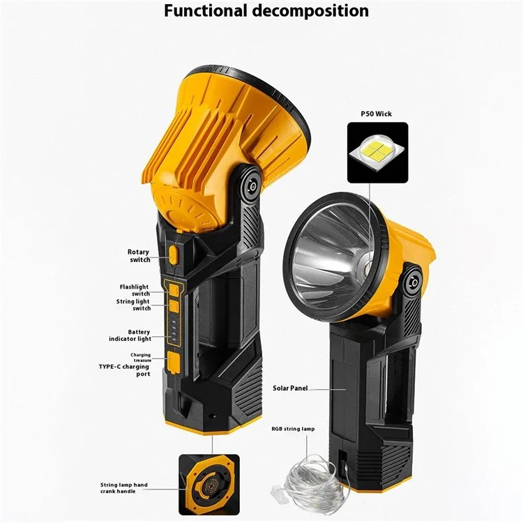Lanterna de mão rotativa com cabeça solar alimentada P50, luz de acampamento RGB - W5208 / Tamanho S: