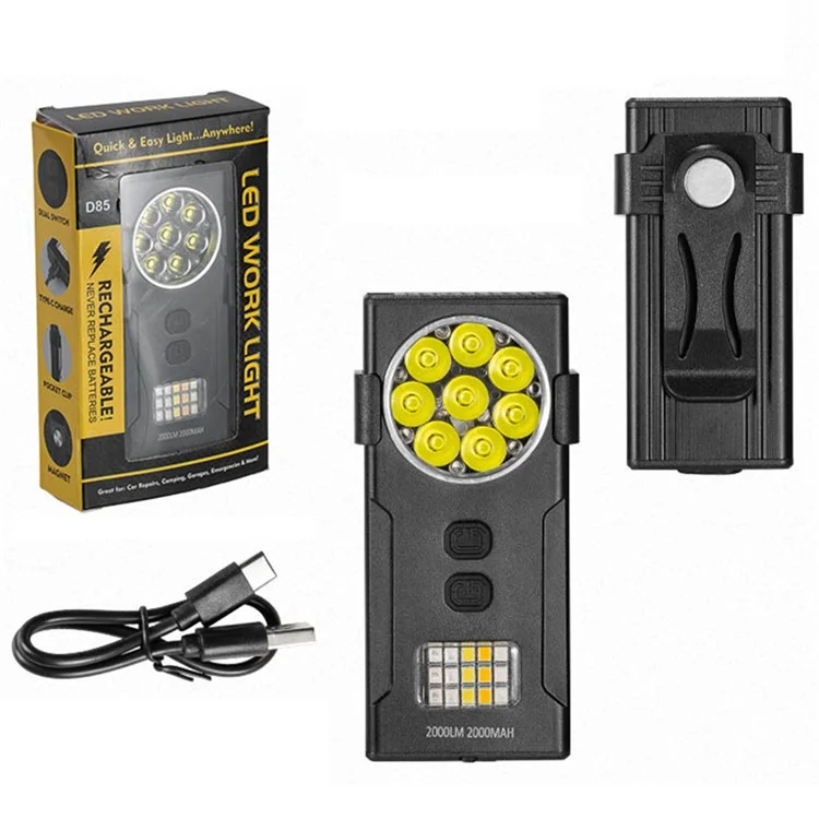 D85 Mini Luz de Trabalho Magnética de 2000 Lúmens com Clipe Destacável e Lâmpada de Advertência Intermitente