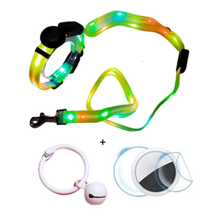 For AirTag Tracker Protective Case Set, LED Pet Collar with Rope, Bell, Film (M Size) - Yellow