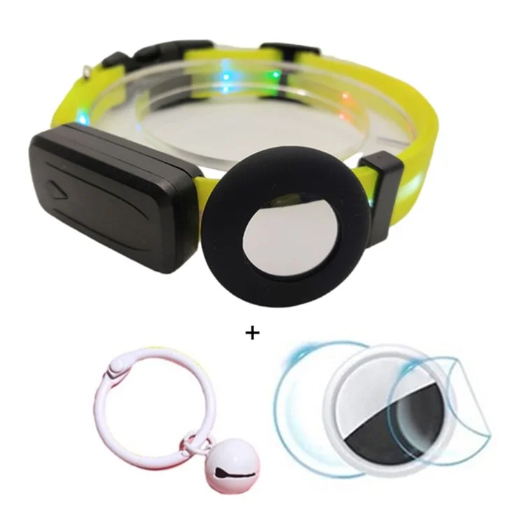 Juego de collar luminoso para mascota con funda de silicona, campana y protectores de pantalla para rastreador AirTag - Talla S - Amarillo