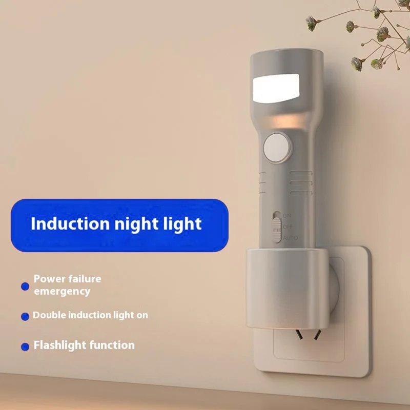 Luz noturna LED inteligente com plugue europeu, sensor de movimento, lâmpada recarregável de emergência, lanterna portátil e regulável.