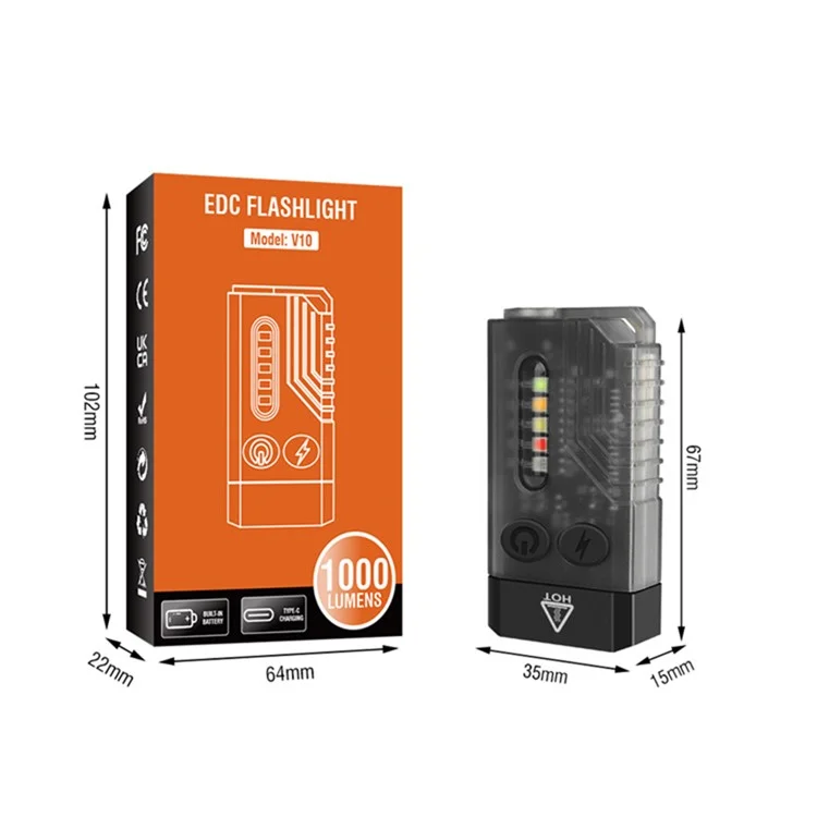 V10 Mini Lanterna EDC Multifunction 365nm UV Identificação Luz de Trabalho com Alarme de Aviso - Preto Transparente