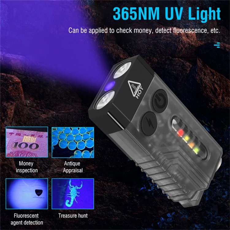 V10 Mini Lanterna EDC Multifunction 365nm UV Identificação Luz de Trabalho com Alarme de Aviso - Preto Transparente
