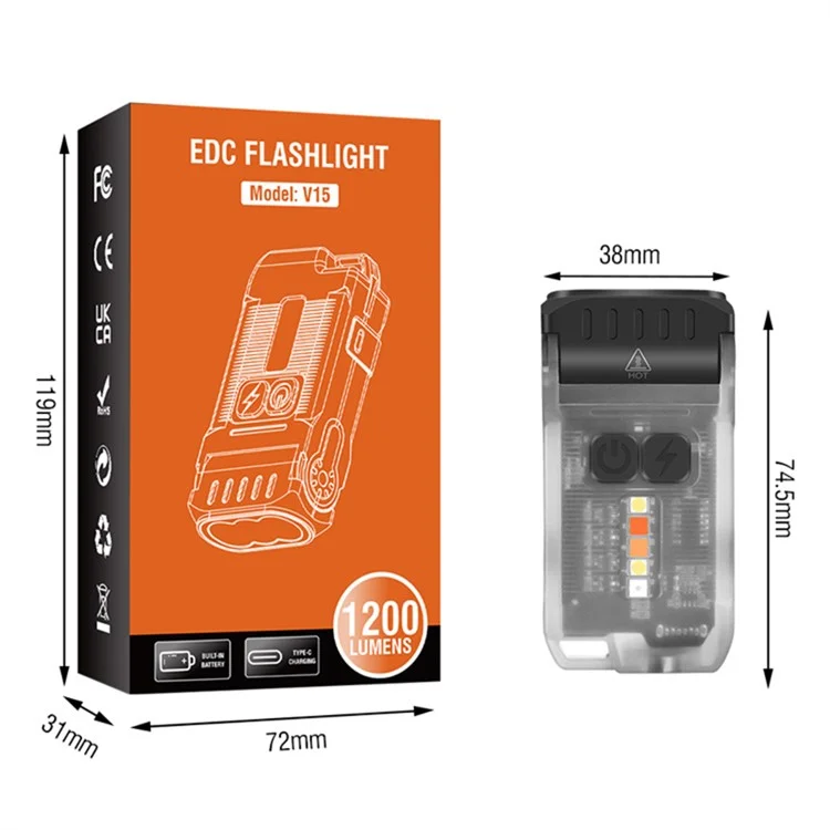 V15 Mini Portable Flashlight 1200LM Adjustable Head with Clip Work Light - Fluorescent White