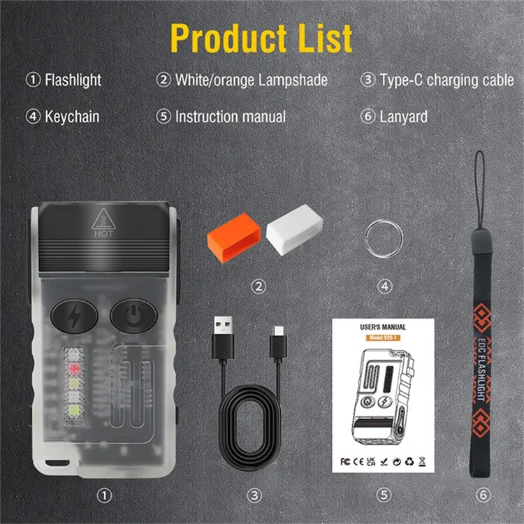 V20 Multifunction EDC Flashlight 180 Degree Adjustable LED Work Light with Buzzer Alarm - Fluorescent White / White+Red Light