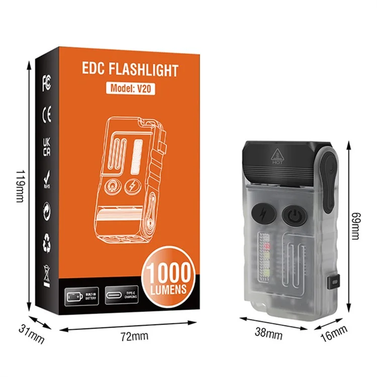 V20 Multifunction EDC Flashlight 180 Degree Adjustable LED Work Light with Buzzer Alarm - Fluorescent White / White+Red Light