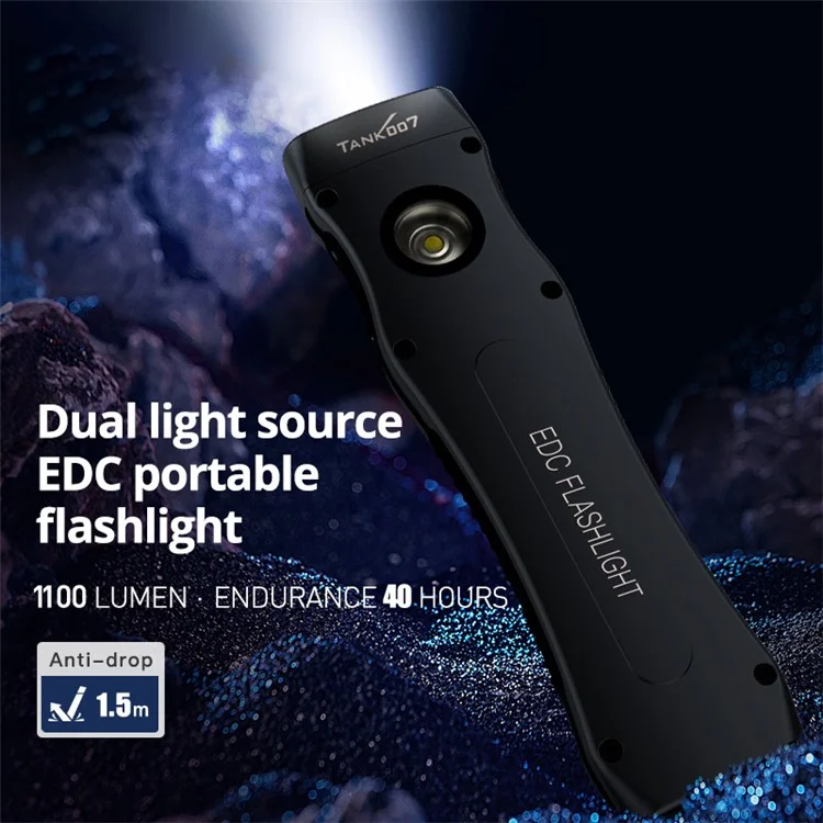 TANK007 WF02 Lanterna EDC de Fonte de Luz Dupla 1,5 m Anti-Queda Clipe Ultra Fino Mini LED Torch - Preto