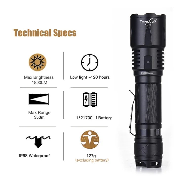 Lampe de poche tactique haute luminosité TANK007 KC16 1800 lm rechargeable via USB-C