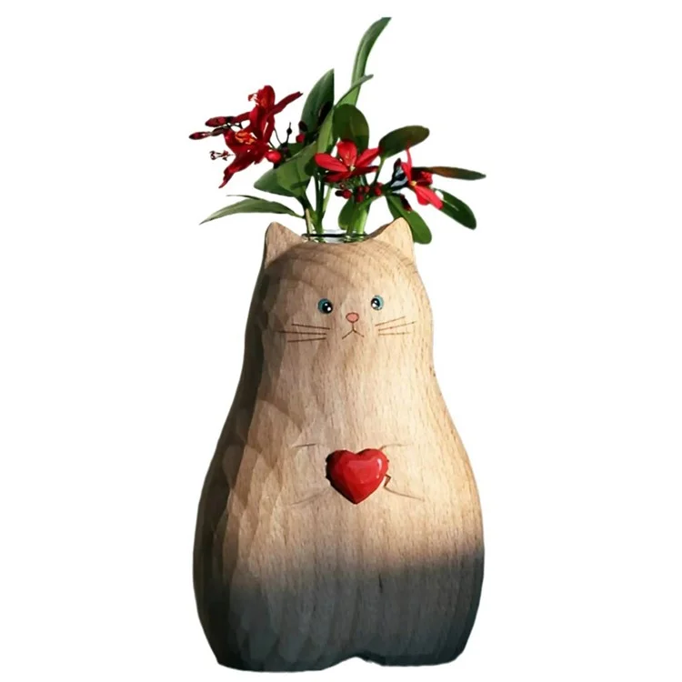Vase en résine décoratif en forme de chat tenant une fleur en forme de coeur, décoration d'intérieur cadeau