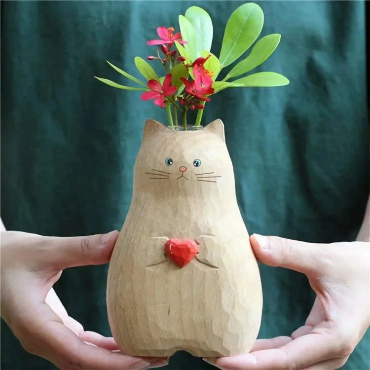 Vase en résine décoratif en forme de chat tenant une fleur en forme de coeur, décoration d'intérieur cadeau