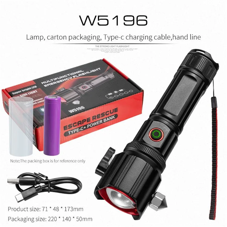 W5196 Flashlight with Laser Safety Cutter Emergency Car Tool Strobe Light USB Rechargeable for Outdoor