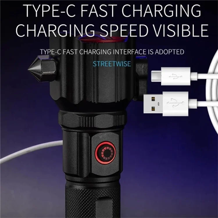 W5196 Flashlight with Laser Safety Cutter Emergency Car Tool Strobe Light USB Rechargeable for Outdoor