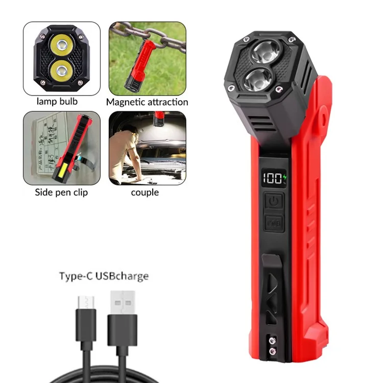 XTE + COB Dual Light Source Flashlight 180 Degree Rotatable Magnetic Work Light with Clip - Red