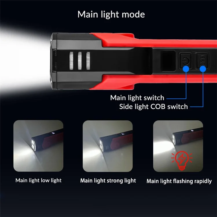 XTE + COB Dual Light Source Flashlight 180 Degree Rotatable Magnetic Work Light with Clip - Red