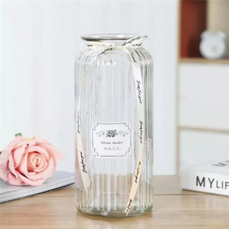 24cm Height Minimalist Vertical Striped Glass Vase for Fresh Flowers  /  Lucky Bamboo  /  Hydroponic Plants - Transparent