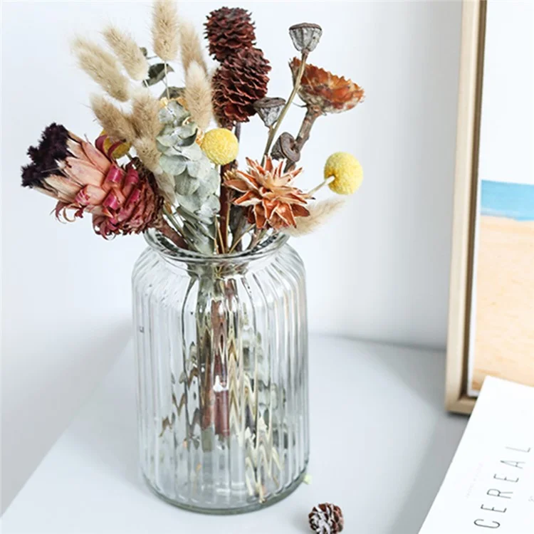 24cm Height Minimalist Vertical Striped Glass Vase for Fresh Flowers  /  Lucky Bamboo  /  Hydroponic Plants - Transparent