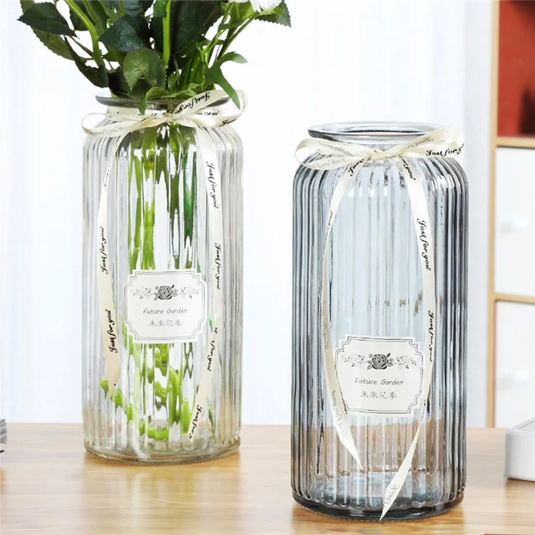 24cm Height Minimalist Vertical Striped Glass Vase for Fresh Flowers  /  Lucky Bamboo  /  Hydroponic Plants - Transparent