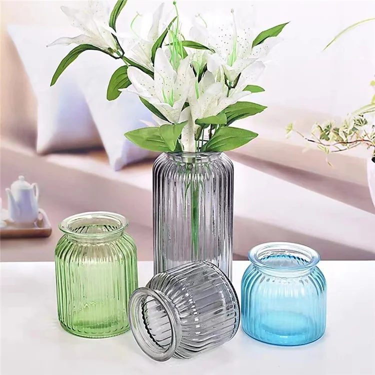 24cm Height Minimalist Vertical Striped Glass Vase for Fresh Flowers  /  Lucky Bamboo  /  Hydroponic Plants - Transparent