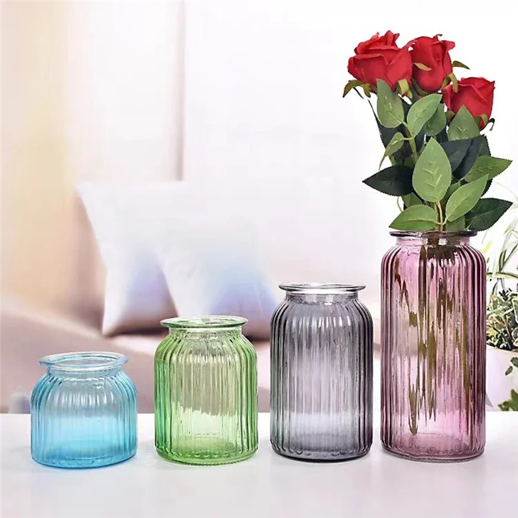 24cm Height Minimalist Vertical Striped Glass Vase for Fresh Flowers  /  Lucky Bamboo  /  Hydroponic Plants - Transparent