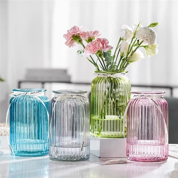 24cm Height Minimalist Vertical Striped Glass Vase for Fresh Flowers  /  Lucky Bamboo  /  Hydroponic Plants - Transparent