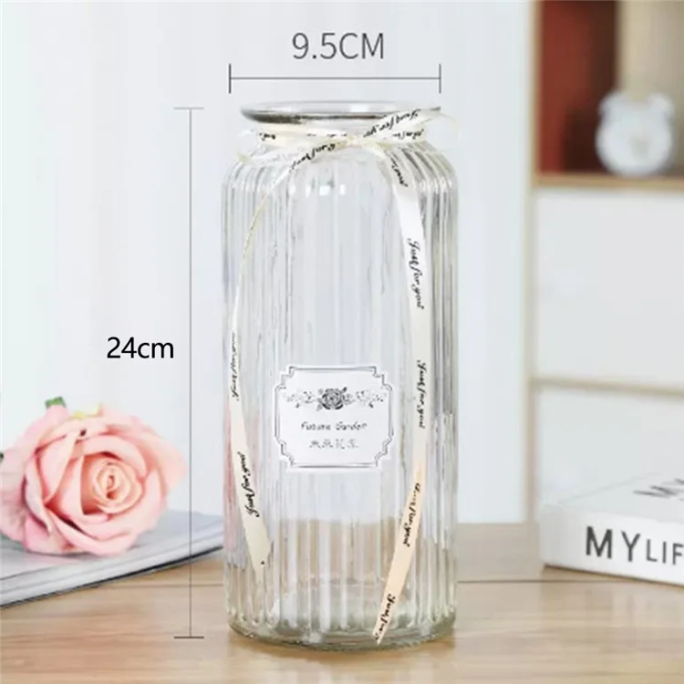 24cm Height Minimalist Vertical Striped Glass Vase for Fresh Flowers  /  Lucky Bamboo  /  Hydroponic Plants - Transparent