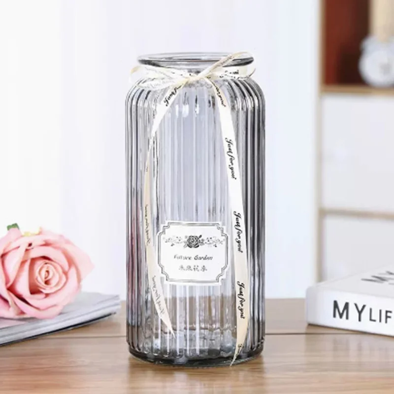 24cm Height Minimalist Vertical Striped Glass Vase for Fresh Flowers  /  Lucky Bamboo  /  Hydroponic Plants - Grey