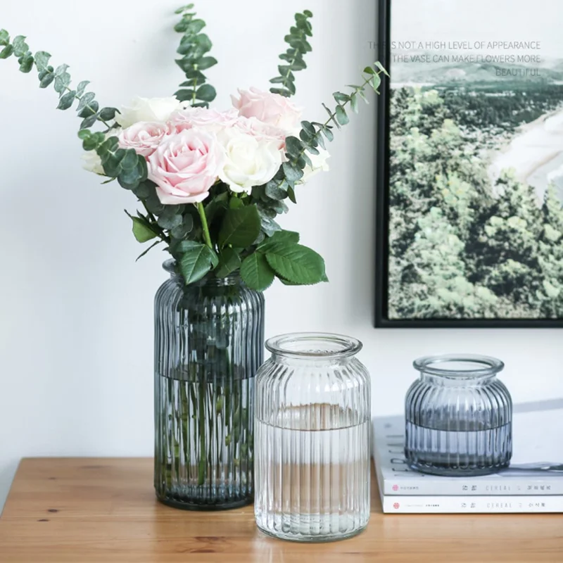 24cm Height Minimalist Vertical Striped Glass Vase for Fresh Flowers  /  Lucky Bamboo  /  Hydroponic Plants - Grey