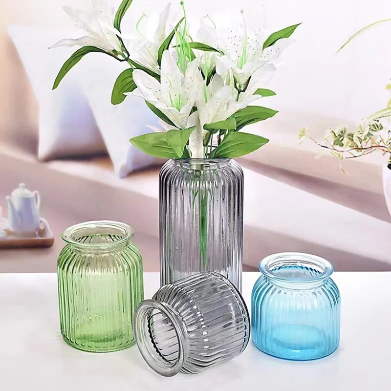 24cm Height Minimalist Vertical Striped Glass Vase for Fresh Flowers  /  Lucky Bamboo  /  Hydroponic Plants - Grey
