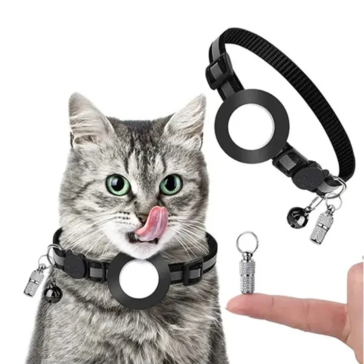 For AirTag Tracker Reflective Pet Collar Silicone Protective Case with ID Address Tag - Black