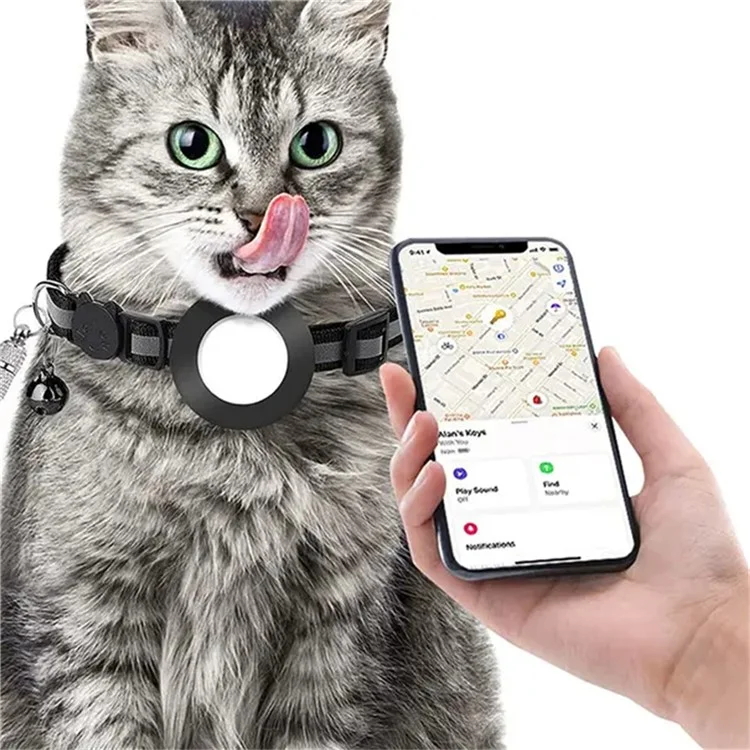 For AirTag Tracker Reflective Pet Collar Silicone Protective Case with ID Address Tag - Black