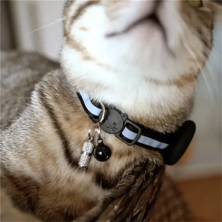For AirTag Tracker Reflective Pet Collar Silicone Protective Case with ID Address Tag - Black