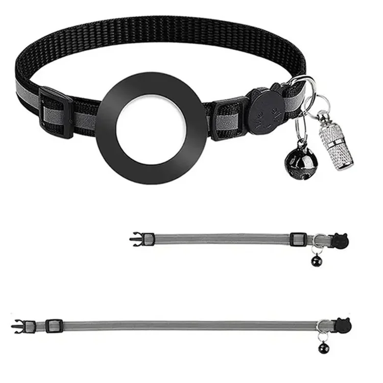 For AirTag Tracker Reflective Pet Collar Silicone Protective Case with ID Address Tag - Black