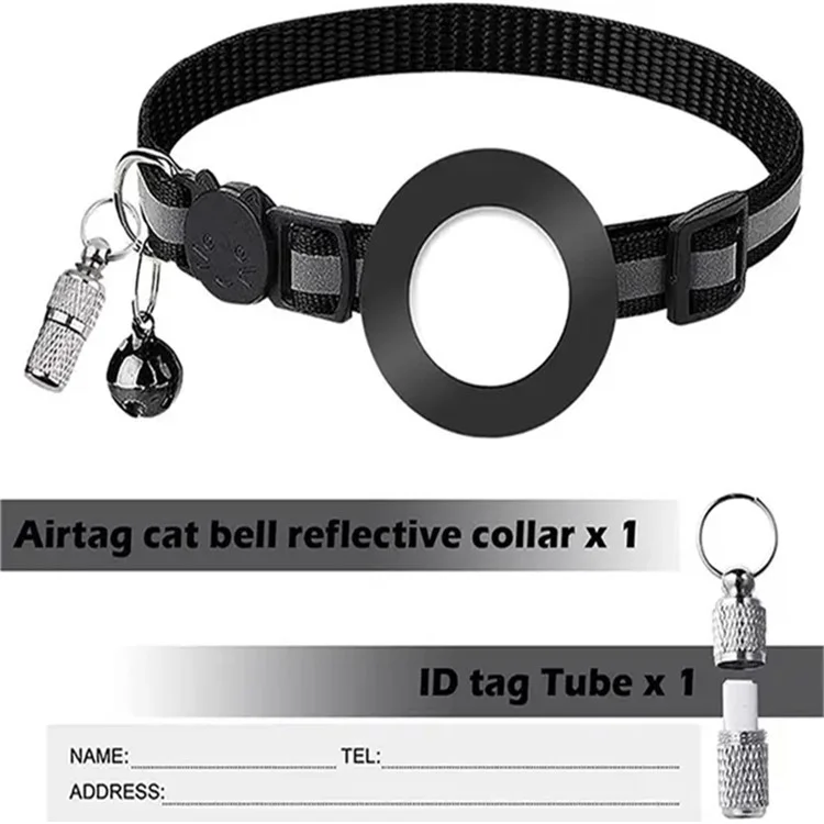 For AirTag Tracker Reflective Pet Collar Silicone Protective Case with ID Address Tag - Black