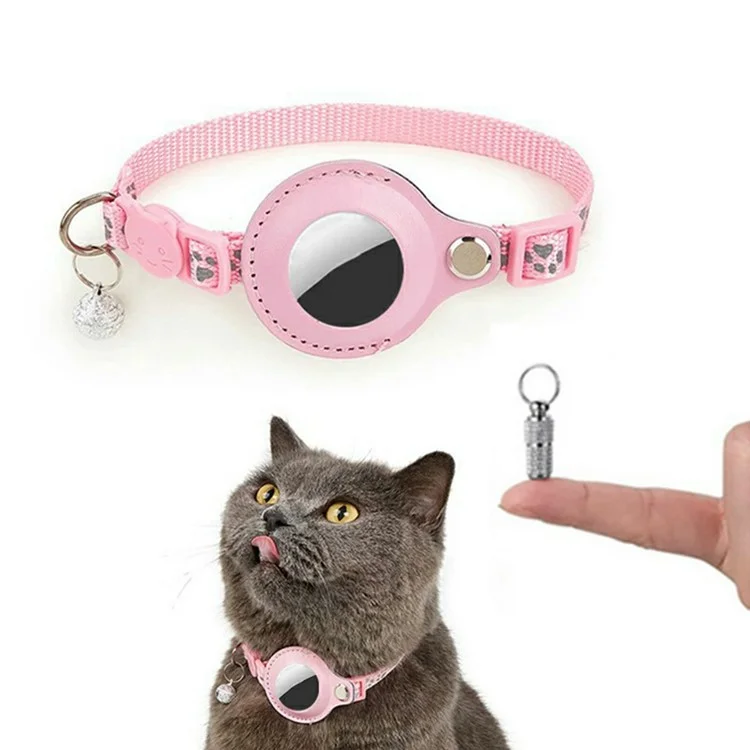 For AirTag Tracker Pet Collar Reflective Paw Print PU Leather Protective Case with ID Address Tag - Pink
