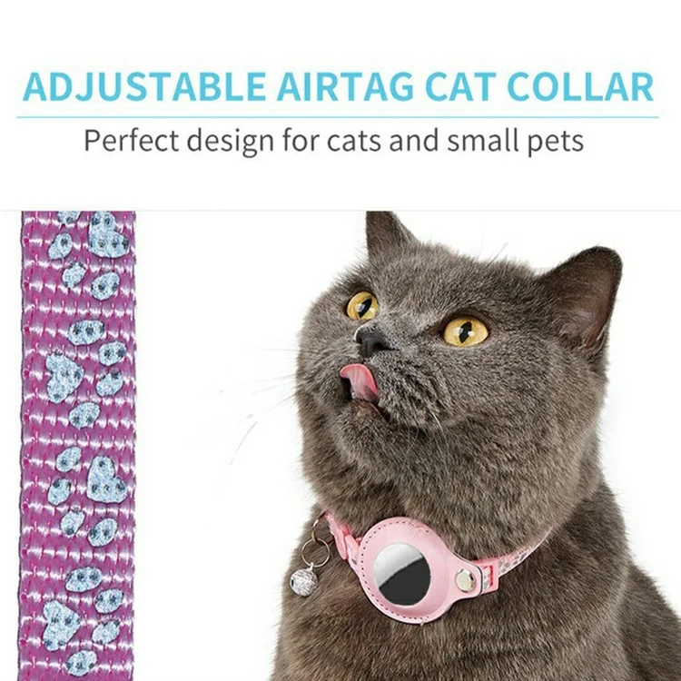 For AirTag Tracker Pet Collar Reflective Paw Print PU Leather Protective Case with ID Address Tag - Pink