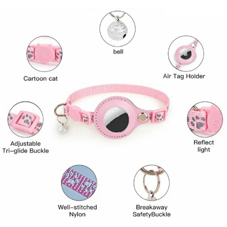 For AirTag Tracker Pet Collar Reflective Paw Print PU Leather Protective Case with ID Address Tag - Pink