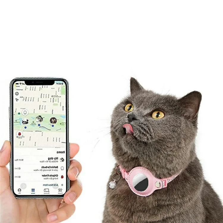 For AirTag Tracker Pet Collar Reflective Paw Print PU Leather Protective Case with ID Address Tag - Pink