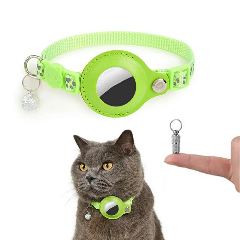 For AirTag Tracker Pet Collar Reflective Paw Print PU Leather Protective Case with ID Address Tag - Green