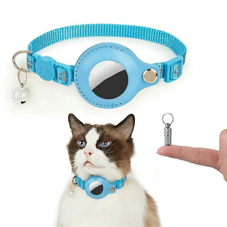 AirTag Tracker Haustier-Halsband Reflektierender Pfotendruck PU-Schutzhülle mit ID-Adressanhänger - Himmelblau