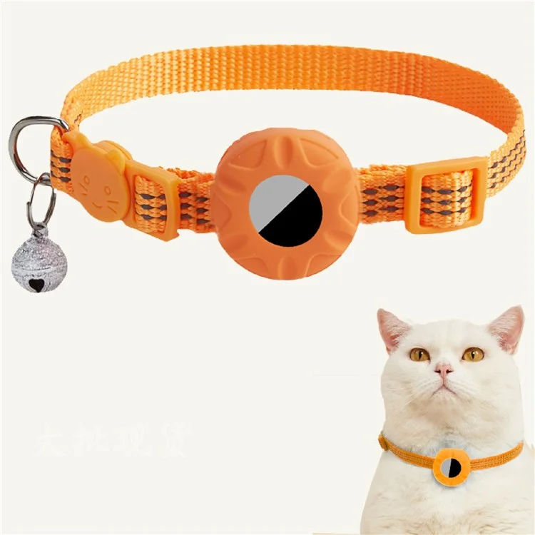 For AirTag Tracker Silicone Protective Case Pet Collar with Reflective Strips and ID Address Tag - Orange