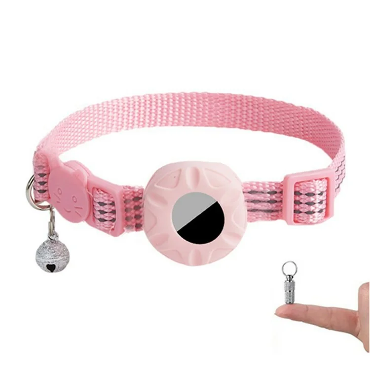 For AirTag Tracker Silicone Protective Case Pet Collar with Reflective Strips and ID Address Tag - Pink