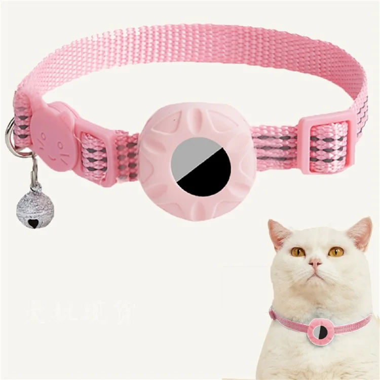 For AirTag Tracker Silicone Protective Case Pet Collar with Reflective Strips and ID Address Tag - Pink
