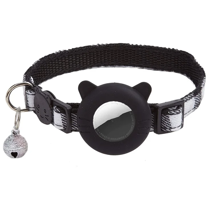 For AirTag Tracker Protector Cat Ear Design Silicone Case Pet Collar with ID Address Tag - Black