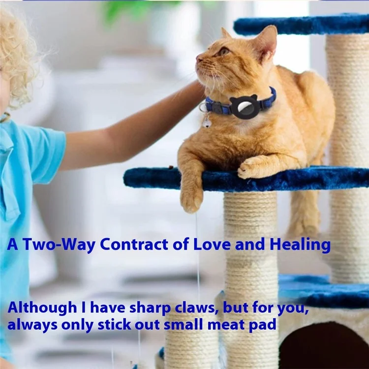 For AirTag Tracker Protector Cat Ear Design Silicone Case Pet Collar with ID Address Tag - Black